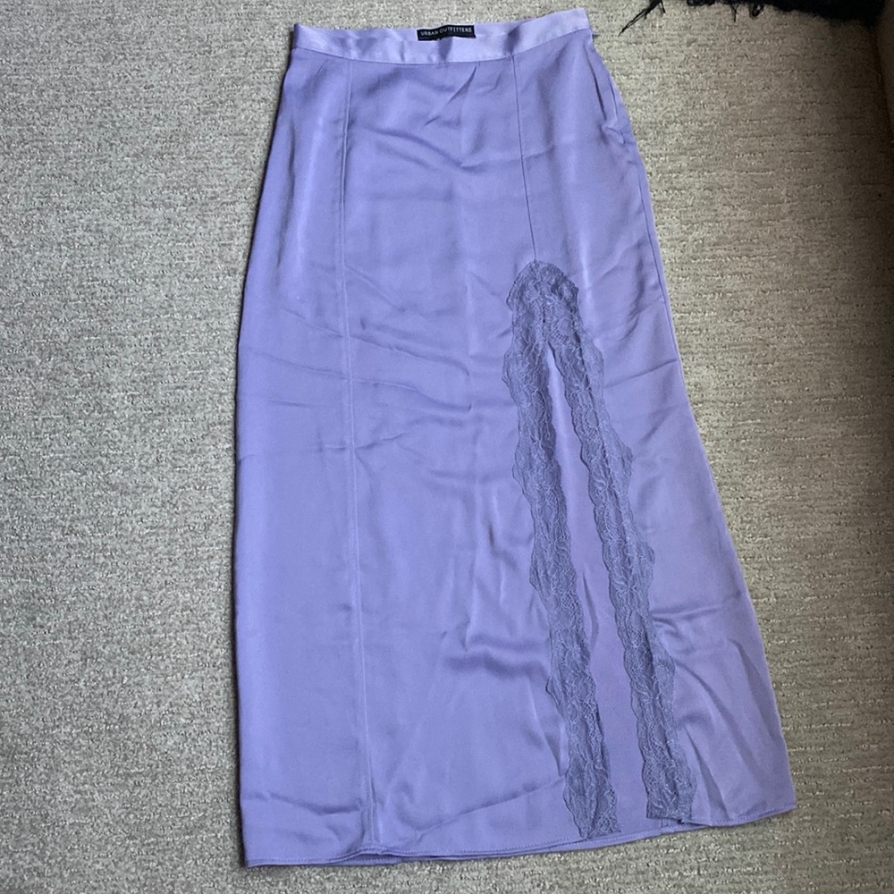 Urban Outfitters lavender satin lace-slit midi skirt NWOT